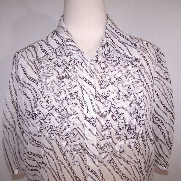 Worthington Shirt Top Womens Sz 14 Sheer Chain Print Ruffled Button Up Crinkled - Picture 3 of 9